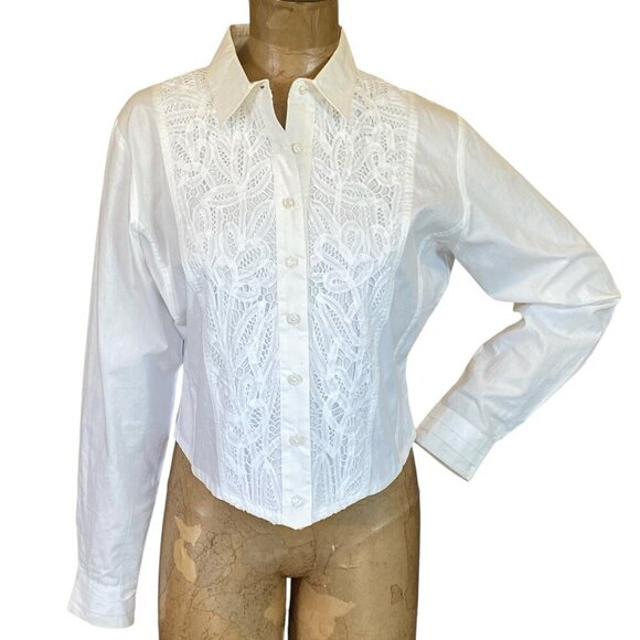 NWT Adobe Rose White Button-Down Lace Overlay Top Sz L #102P - Picture 1 of 10